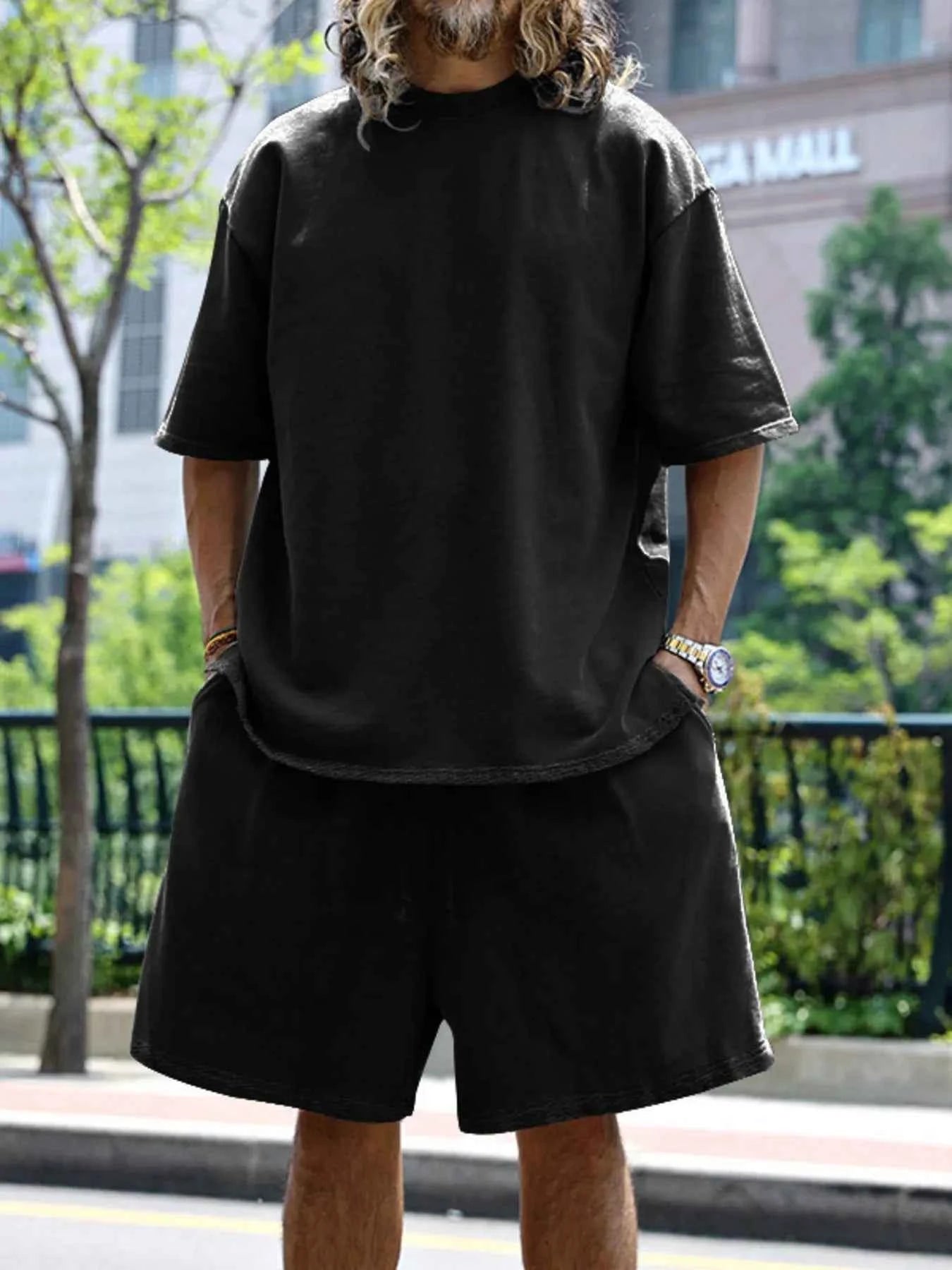 Men's Full Size Round Neck Short Sleeve Top and Shorts Set Plus Size